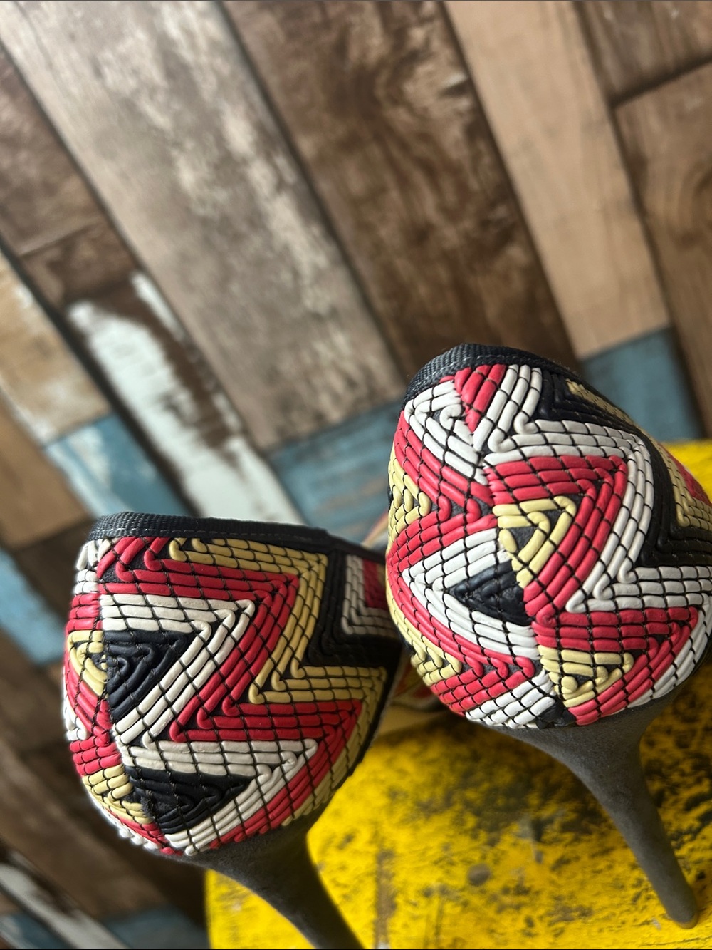 Madison Chevron Woven Pointed-Toe Stilettos in Red, Yellow, Black & White - Picture 11 of 15
